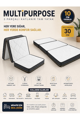 Purpose Tek Kişilik 10 Cm Katlanır Sünger Yatak Yer Ve Misafir Yatağı, Şilte Ve Minder Karavan, Kamp, Çadır Ve Araç İçi 24 Dns Orta Sert Sünger Fermuarlı Çıkarılabilir Kılıf Katlanır Yatak