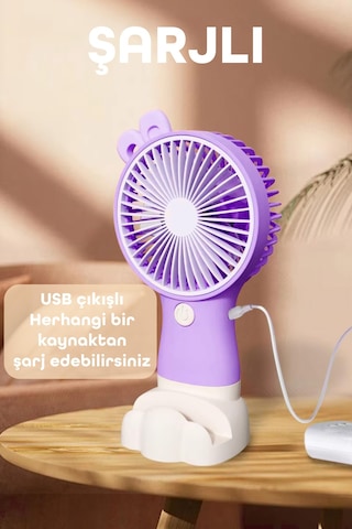 Şarjlı Telefon Standlı Mini El Fanı Seyahat Masaüstü Vantilatör Taşınabilir Mini Fan Mor 0808