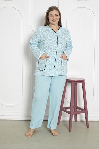 %100 Pamuklu Uzun Kollu Boydan Düğmeli Büyük Beden Kadın Pijama Takımı 206 Yeşil