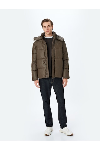 Koton Slim Fit Kapşonlu Suni Deri Şişme Mont Kahverengi 5wam20034hw Kahve Kahverengi