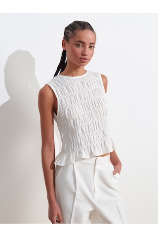 Dilvin 50845 Kolsuz Crop Bluz-ekru Ekru