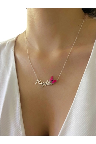 Üç Boyutlu Kırmızı Kelebek Özel Font Isim Yazılı 925 Gümüş Kolye