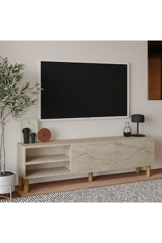 İnarch Dizayn River 150 Cm Modern Tv Sehpası Kapaklı Ve Raflı Tasarım Traverten