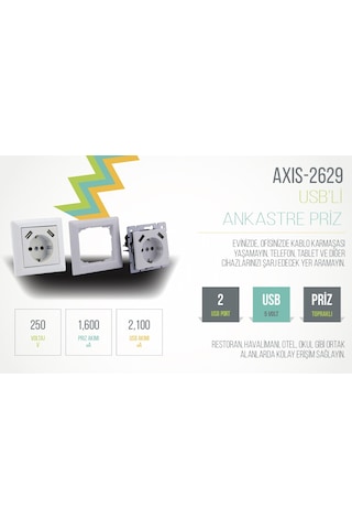 Axis Sıva Altı Topraklı Priz 16A + 2 Usb 23A