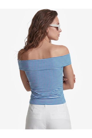 Koton Koton X Sibil Çetinkaya - Slim Fit Drape Detaylı Çizgili Omzu Açık Bluz Mavi Çizgili 6sak10105uk