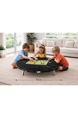 90 Cm Çap - Siyah Desenli Katlanabilir Yer Sofrası - Oyun Masası - 21 Cm Yükseklik Siyah Mermer Desenli