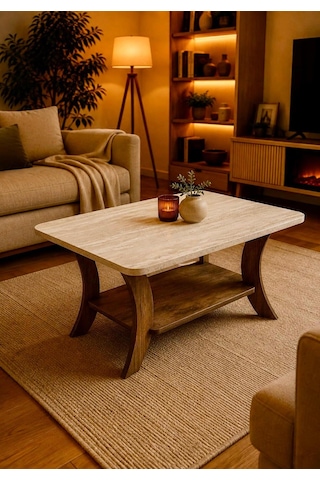 Orta Sehpa Traverten Ceviz Dikdörtgen 90 Cm Genişlik - 55 Cm En - Mdf Ayak 46 Cm Yükseklik Modern Orta Sehpa Ceviz Traverten - Ceviz