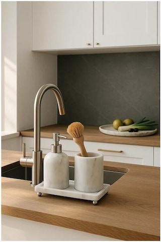 Akayev Mermer Beyaz 3 Parça Gümüş Ayak Banyo Seti Mutfak Sıvı Sabunluk Seti Beyaz