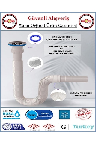 Lavabo Evye Gider Sifonu - Körüklü - Paslanmaz Süzgeç - Paslanmaz Beyaz