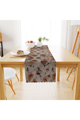 Çiçek Desenli Modern Kestane Renkli Dijital Baskılı Süet Dokuma Runner 40x140