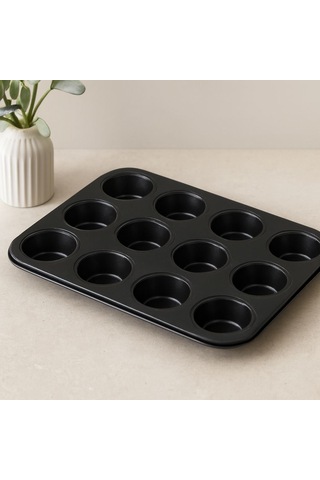 12 Gözlü Metal Muffin Kek Kalıbı - Siyah Düz