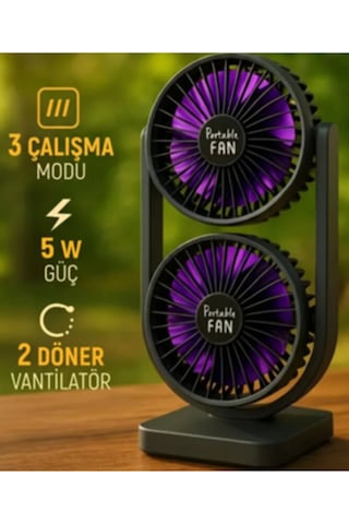Şarjlı İkili Başlıklı Masaüstü Fan Vantilatör 2400 Mah 3 Kademeli Hız Sessiz Çalışma Döner B