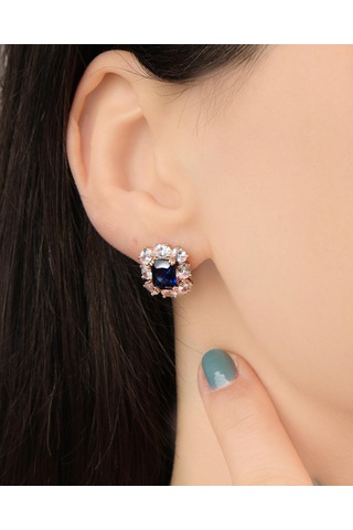 Lekka Design Kadın Kararmaz Çelik Lüks Takı Lacivert Baget Zirkon Taşlı Abiye Küpe