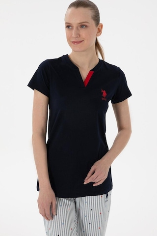 U.s. Polo Assn. Kadın V Yaka Yarım Kollu Patlı Çizgili Pijama Takım lacivert