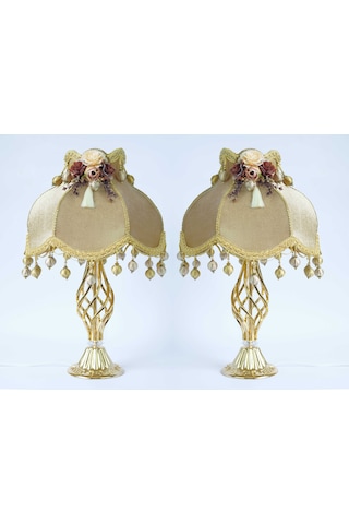 Kadife Kaplı Çiçek Dekorlu Gold Kaplama Vintage Abajur 13798424 Diğer