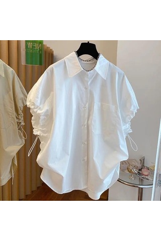 Rahat Bağcıklı Puf Kollu Beyaz Gömlek Kadın Yaz Bol Kısa Kollu Kadın Bluz Mizaç Tasarım Moda Üstleri 27828 Beyaz