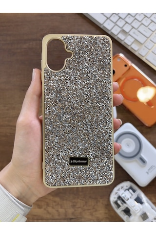 Samsung A07 Uyumlu Kadife İç Yüzey Tasarımlı Taşlı Işıltılı Parlak Pırlanta Kılıf Dia Plus Gold