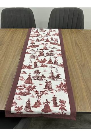 Toile De Jouy Paris Runner 40x110 Cm %100 Pamuk Dijital Baskılı Masa Örtüsü Klasik Fransız Tarzı Masa Dekoru - Zt700 Kırmızı