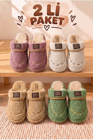 Stwenn 2'li Karma Erkek Kadın Avantajlı Paket Peluş Ev Terliği Kapalı Burun Arkası Açık Sıcak Rahat Panduf 2 Li Linda