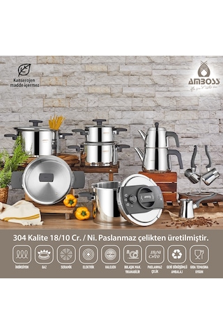 Enio Paslanmaz Çelik Tencere Çeyiz Seti - Gri 18 Parça