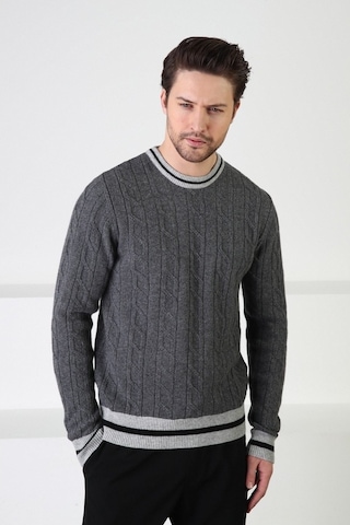 Ferraro Füme/A.Gri Bisiklet Yaka %100 Kuzu Yünü Erkek Kazak Füme Gri Füme