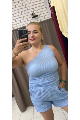 Tuba Toptaş Gofre Şort Lastikli Bel Mavi