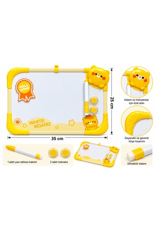 Çocuklar Için Renkli Çerçeveli Beyaz Yazı Tahtası Kalem Ve 2 Mıknatıslı Eğitici Çizim Tahtası 35x25 Cm Sarı