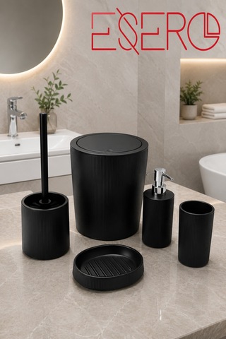Mat Siyah 5'li Banyo Aksesuar Seti Modern Çizgili Tasarım Çöp Kovası, Wc Fırçası, Sıvı Sabunluk, Diş Fırçalık, Sabunluk