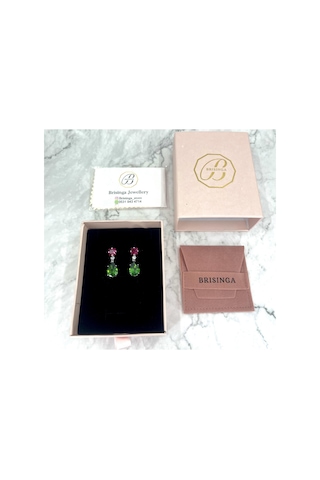 Yeşil Damla & Kırmızı Kare İthal Gümüş Küpe-981 Silver