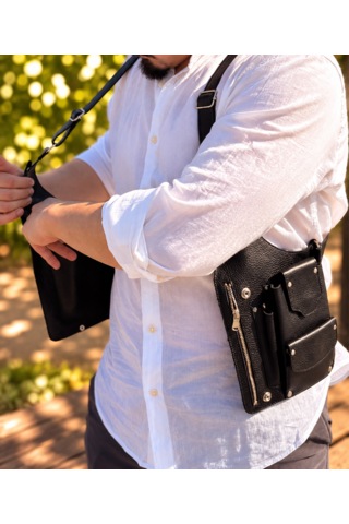 Hemlabel Hakiki Deri Erkek Göğüs Çantası Edc Holster Telefonluk Kişiye Özel El Yapımı Siyah