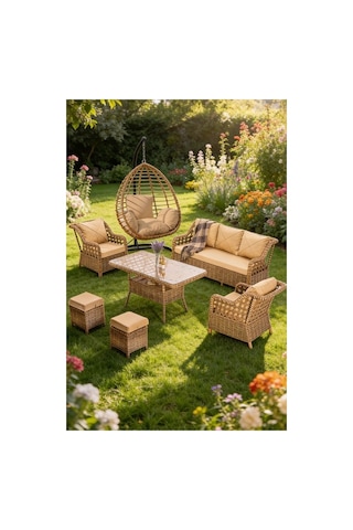 Dora Garden Home Ecem 7 Kişilik Rattan Bahçe Mobilyası Ve Tek Kişilik Salıncak Seti - Kahverengi Siyah Çizgili