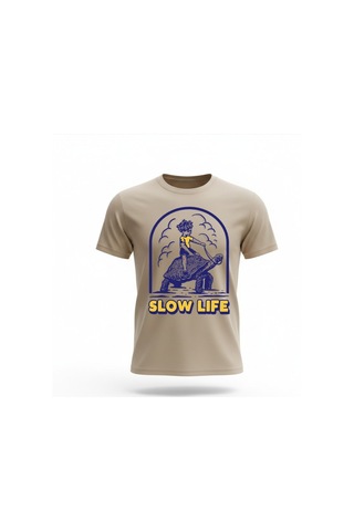 Urbantrendstore Unisex Slow Life Kaplumbağa Oversize Fit Rahat Geniş Salaş T-shirt Günlük Tişört Bej