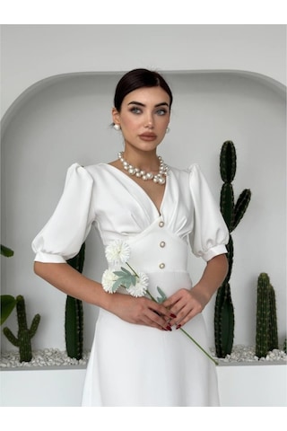 Linda Midi Elbise Beyaz