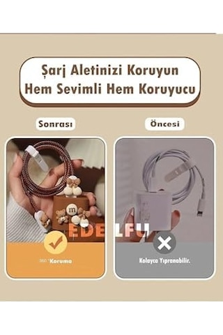 İphone 18w/20w İle Uyumlu Ayıcık Şarj Kılıfı, Şarj Kablosu Örme Aparatı, Toparlayıcı Ve Kablo Koruyucu Set Kahverengi