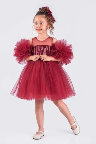 Kız Çocuk Abiye Elbise Ponpon Kol Pul Payetli Tütülü Bordo