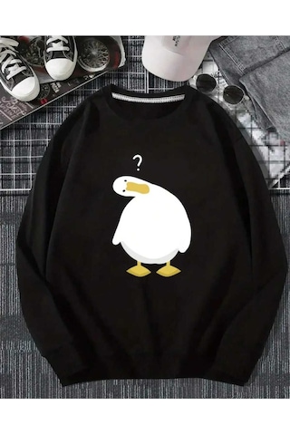 Hunors Sportswear & Company Ördek Baskılı Unisex Model Pamuklu Kapüşonlu Sweatshirt SIYAH