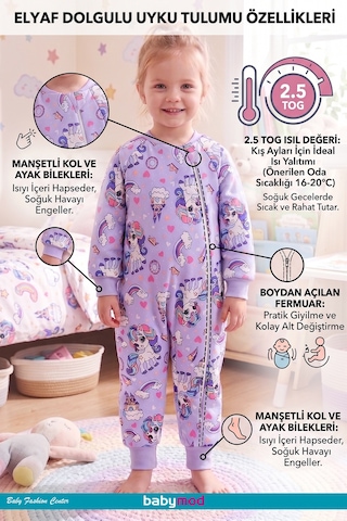 Babymod Elyaf Dolgulu 2.5 Tog 100% Pamuk Penye Astarlı Premium Kalite Kız Çocuk Uyku Tulumu Lila