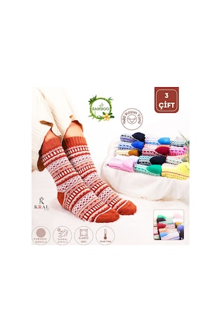 Özel Üretim 3 Çift Kalın Kışlık %100 Yün Çizgili - Motif Desenl Asorti