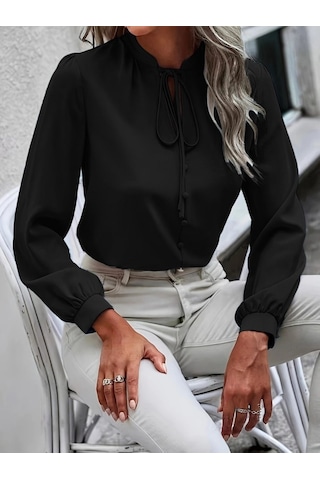 Kadın Uzun Kollu Yakalı Yakadan Bağcıklı Düğmeli Sandy Bluz Siyah
