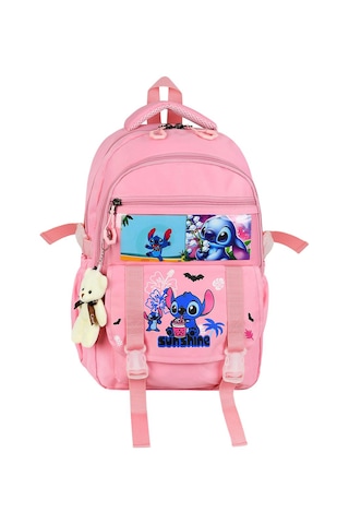 Stitch Baskılı Ortopedik Aksesuarlı Anahtarlıklı Okul Çantası Termal Beslenme Ve Kalemlikli Set Pembe