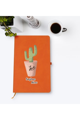 Kişiye Özel Kaktüs Tasarımlı Turuncu Termo Deri Defter Model 5