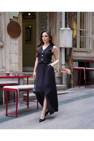 Kadın Yelekli Maxi Etekli Takım Siyah