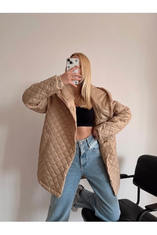 Ceyss Design Oversize Kapitone Kapşonlu Fermuar Ve Çıtçıt Kapama Ribana Kol Detaylı Elyaf Dolgulu Mont-bej Bej