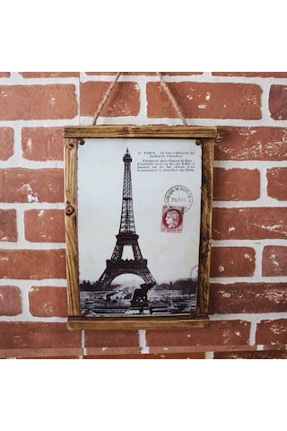 Rustik Ahşap Çerçeveli Vintage Metal Pano Paris Mail 20x30