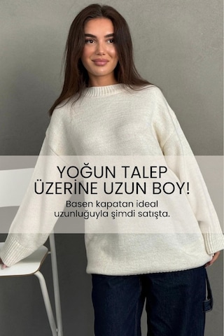 Madmext Ekru Bisiklet Yaka Oversize Uzun Kadın Triko Kazak Mg2890