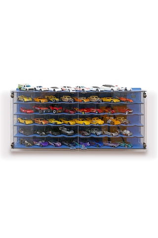 Pleksi Kapak 48 Araçlık 1/64 Hotwheels, Matchbox Uyumlu Hobi Oyuncak Araba Rafı Koleksiyon Model Araba Garajı Mavi