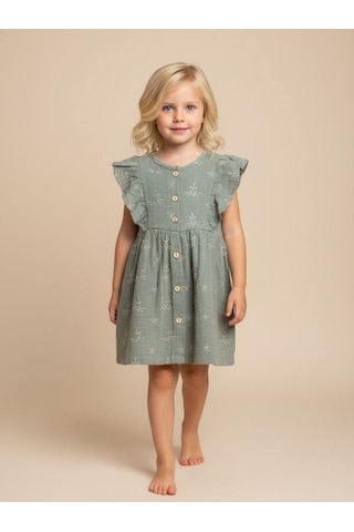 Zekids Kız Çocuk Müslin Kumaş Elbise-17232 Yeşil