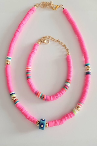 Fimo Soft Nazar Boncuklu Kolye ve Bileklik Seti  Pembe
