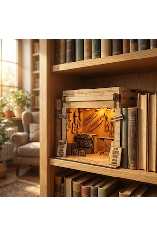 Guitar Garage Ahşap Maket Seti Dıy Miniatür Gitar Atölyesi Book Nook Dekoru