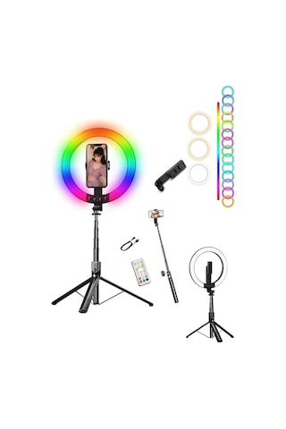 Rgb Halka Işık Uzun Tripod Selfie Çubuğu 1.9m-1200 Mah Şarjlı Kumandalı Ring Light Telefon Tutucu